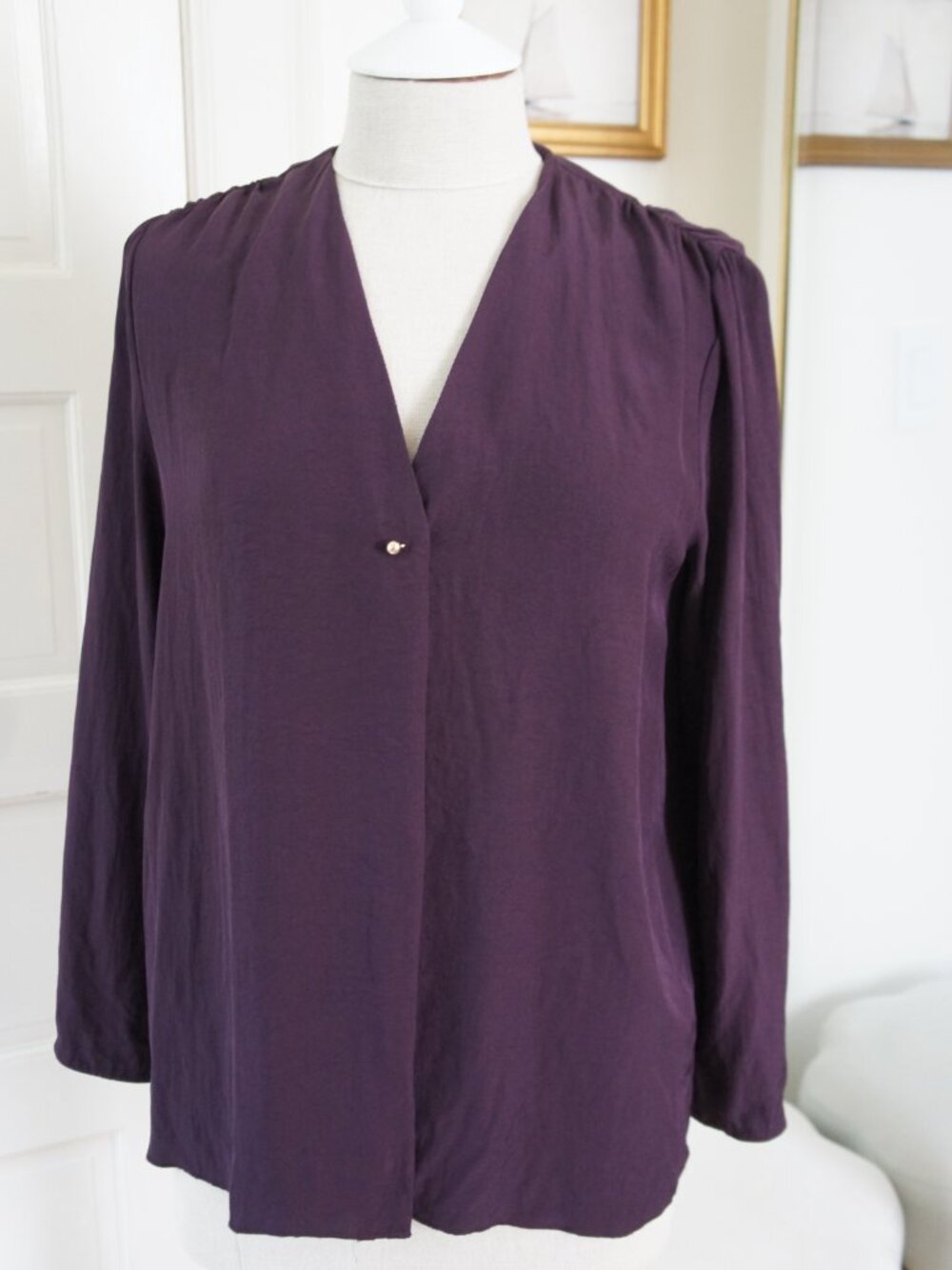 Aritzia Wilfred Dark Purple Reversible V Neck Button Down Blouse Size S